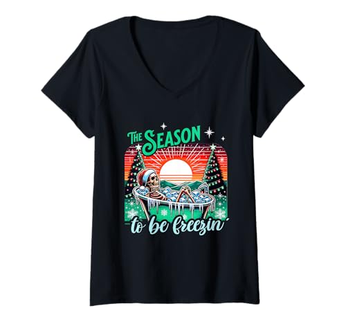 Damen Eisbaden Retro Design Skelett Weihnachten Winter Spaß T-Shirt mit V-Ausschnitt Damen Eisbaden Retro Design Skelett Weihnachten Winter Spaß T-Shirt mit V-Ausschnitt von Mimis Shop