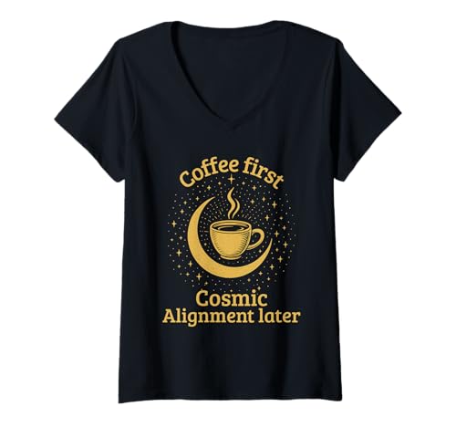 Damen Kaffee Zuerst Kosmisches Alignment Spruch T-Shirt mit V-Ausschnitt Damen Kaffee Zuerst Kosmisches Alignment Spruch T-Shirt mit V-Ausschnitt von Mimis Shop