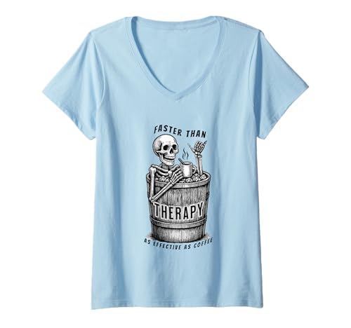 Damen Skelett Eisbaden Kältetraining Kaffee Statement T-Shirt mit V-Ausschnitt Damen Skelett Eisbaden Kältetraining Kaffee Statement T-Shirt mit V-Ausschnitt von Mimis Shop