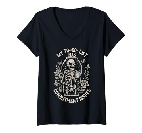 Damen Skelett to-Do-Liste Humor Design Prokrastination T-Shirt mit V-Ausschnitt von Mimis Shop