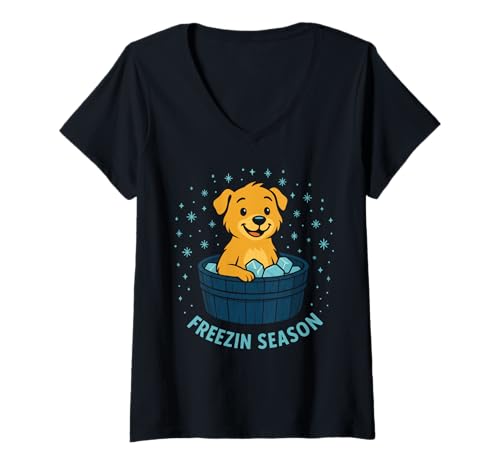 Damen Süßer Hund Eisbad Freezin Season Winter Humor T-Shirt mit V-Ausschnitt Damen Süßer Hund Eisbad Freezin Season Winter Humor T-Shirt mit V-Ausschnitt von Mimis Shop