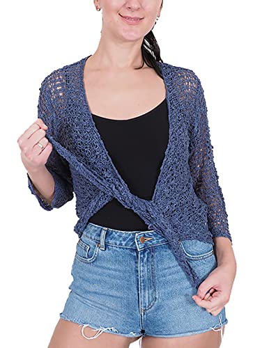 Bolero für Damen, Popcorn-Stil, gehäkelt, einfarbig, Stretch, Fischnetz, Krawatte an der Taille, offener Cardigan, denim, One size von Mimosa