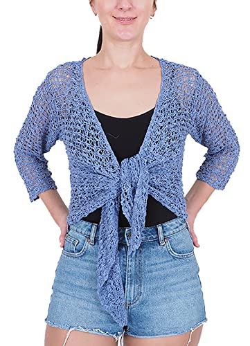 Damen Popcorn Stil häkeln einfache elastische Netzkrawatte an der Taille Bolero Shrug Open Cardigan (One Size, Mid Blue) von Mimosa