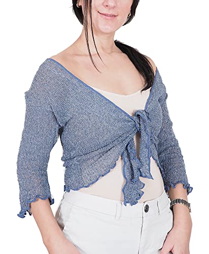 Mimosa Damen Bolero groß gehäkelt, glänzend, aus Spitze, gedehnt, Netzstoff, Cardigan, Schultern Gr. Einheitsgröße, Denim/Silber von Mimosa