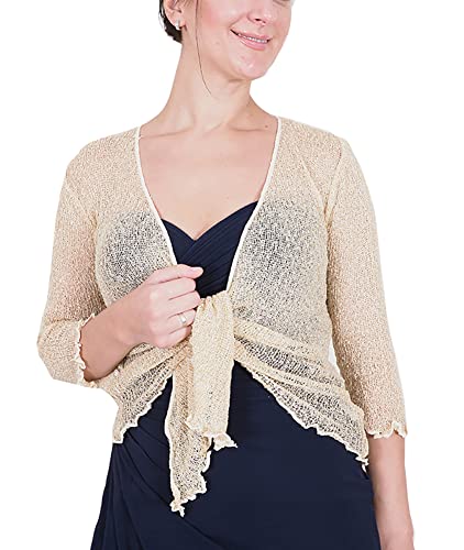 Mimosa Damen Crochet Strecken Fisch-Netz Boleroshrug Mutterschaft Krawatte an der Taille Cardigan (Eine Größe passt DE 34-48, Cream/Gold) von Mimosa