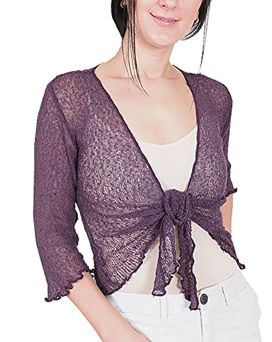 Mimosa Damen Crochet Strecken Fisch-Netz Boleroshrug Mutterschaft Krawatte an der Taille Cardigan (Eine Größe passt DE 34-48, Dark Purple) von Mimosa