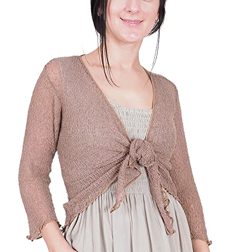 Mimosa Damen Crochet Strecken Fisch-Netz Boleroshrug Mutterschaft Krawatte an der Taille Cardigan (Eine Größe passt DE 34-48, Dark Taupe) von Mimosa