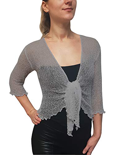 Mimosa Damen Crochet Strecken Fisch-Netz Boleroshrug Mutterschaft Krawatte an der Taille Cardigan (Eine Größe passt DE 34-48, Grey) von Mimosa