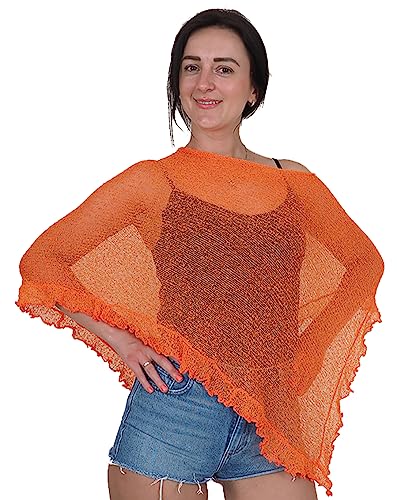 Mimosa Damen Poncho, Stretch, Spitze, Fischnetz, Bali, gehäkelt, Fledermausärmel, Rüschen, klein, Orange, One size von Mimosa