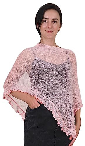 Mimosa Damen Poncho, Stretch, Spitze, Fischnetz, Bali, gehäkelt, Fledermausärmel, Rüschen, klein, babyrosa, One size von Mimosa