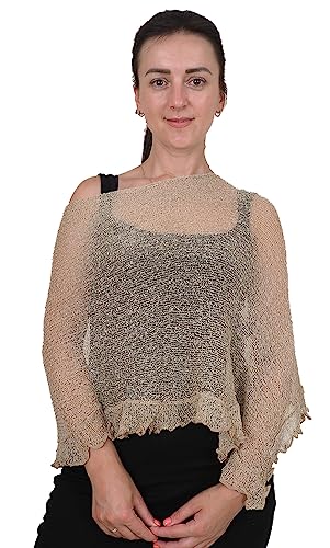 Mimosa Damen Poncho, Stretch, Spitze, Fischnetz, Bali, gehäkelt, Fledermausärmel, Rüschen, klein, beige, One size von Mimosa