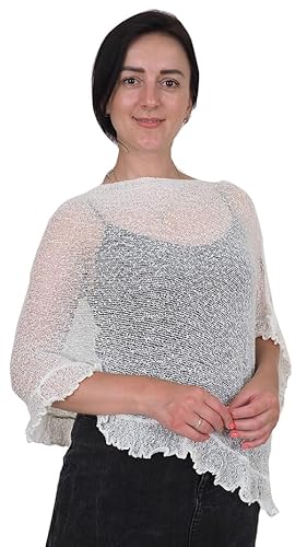 Mimosa Damen Poncho, Stretch, Spitze, Fischnetz, Bali, gehäkelt, Fledermausärmel, Rüschen, klein, elfenbeinfarben, One size von Mimosa