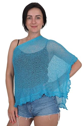 Mimosa Damen Poncho, Stretch, Spitze, Fischnetz, Bali, gehäkelt, Fledermausärmel, Rüschen, klein, türkis, One size von Mimosa