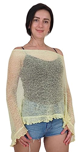 Mimosa Damen Poncho, Stretch, Spitze, Fischnetz, Bali, gehäkelt, Fledermausärmel, Rüschen, klein, zitronengelb, One size von Mimosa