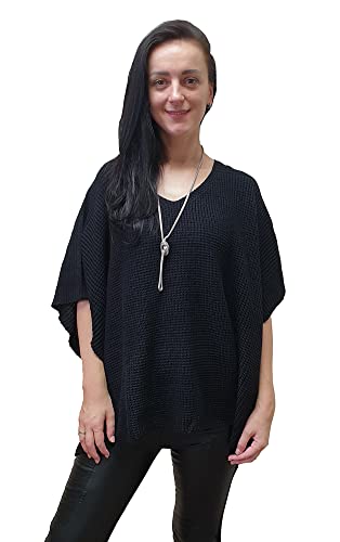 Mimosa Damen-Poncho-Umhang mit V-Ausschnitt, gestrickt, warm, mit seitlichen Knöpfen, Einheitsgröße, Schwarz , One size von Mimosa