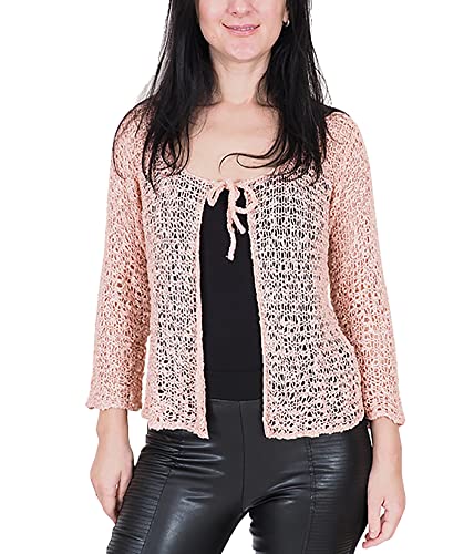 Mimosa Damen Popcorn Stil häkeln einfache elastische Netzkrawatte an der Taille Bolero Shrug Open Cardigan (One Size, Baby Pink Strickjacke) von Mimosa