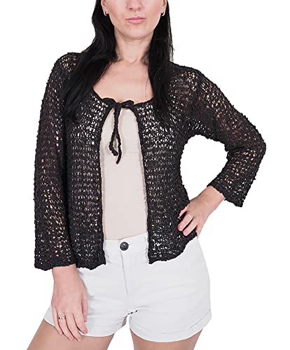 Mimosa Damen Popcorn Stil häkeln einfache elastische Netzkrawatte an der Taille Bolero Shrug Open Cardigan (One Size, Black Strickjacke) von Mimosa