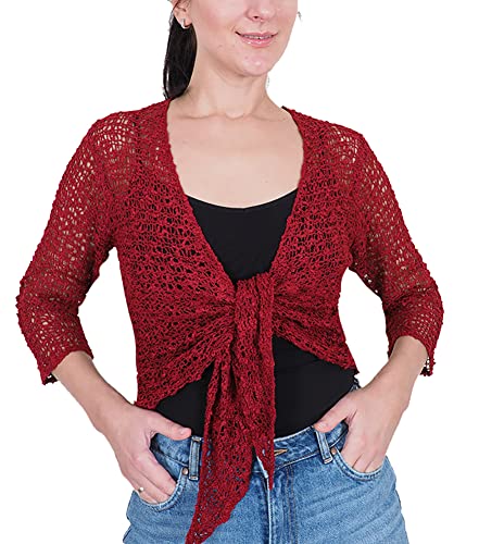 Mimosa Damen Popcorn Stil häkeln einfache elastische Netzkrawatte an der Taille Bolero Shrug Open Cardigan (One Size, Burgundy) von Mimosa