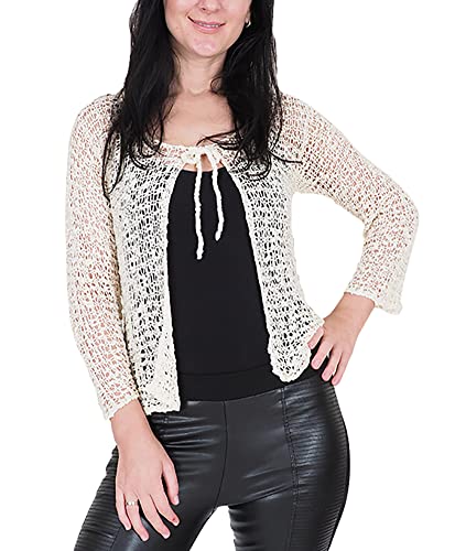 Mimosa Damen Popcorn Stil häkeln einfache elastische Netzkrawatte an der Taille Bolero Shrug Open Cardigan (One Size, Cream Strickjacke) von Mimosa