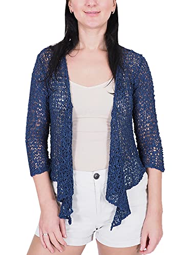 Mimosa Damen Popcorn Stil häkeln einfache elastische Netzkrawatte an der Taille Bolero Shrug Open Cardigan (One Size, Dark Denim) von Mimosa