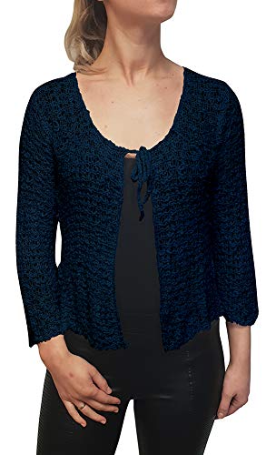 Mimosa Damen Popcorn Stil häkeln einfache elastische Netzkrawatte an der Taille Bolero Shrug Open Cardigan (One Size, Dark Denim Strickjacke) von Mimosa