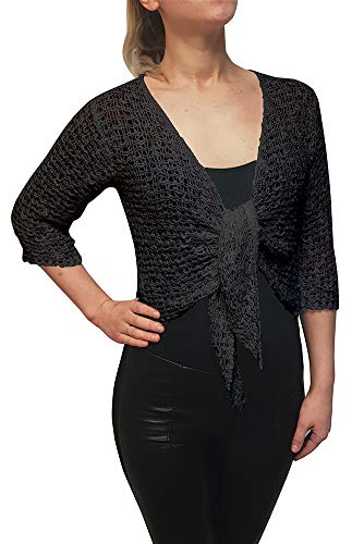 Mimosa Damen Popcorn Stil häkeln einfache elastische Netzkrawatte an der Taille Bolero Shrug Open Cardigan (One Size, Dark Grey) von Mimosa