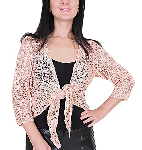 Mimosa Damen Popcorn Stil häkeln einfache elastische Netzkrawatte an der Taille Bolero Shrug Open Cardigan (One Size, Dusty Pink) von Mimosa