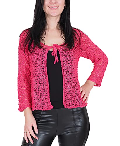 Mimosa Damen Popcorn Stil häkeln einfache elastische Netzkrawatte an der Taille Bolero Shrug Open Cardigan (One Size, Hot Pink Strickjacke) von Mimosa