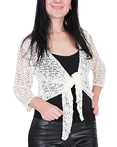 Mimosa Damen Popcorn Stil häkeln einfache elastische Netzkrawatte an der Taille Bolero Shrug Open Cardigan (One Size, Ivory) von Mimosa