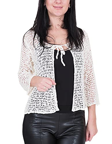 Mimosa Damen Popcorn Stil häkeln einfache elastische Netzkrawatte an der Taille Bolero Shrug Open Cardigan (One Size, Ivory Strickjacke) von Mimosa