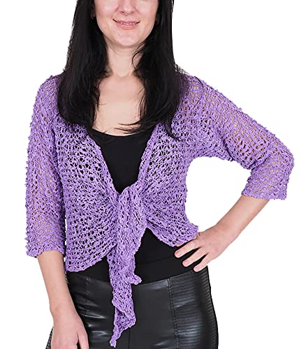 Mimosa Damen Popcorn Stil häkeln einfache elastische Netzkrawatte an der Taille Bolero Shrug Open Cardigan (One Size, Lilac) von Mimosa