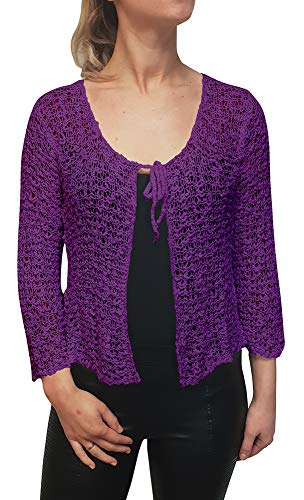 Mimosa Damen Popcorn Stil häkeln einfache elastische Netzkrawatte an der Taille Bolero Shrug Open Cardigan (One Size, Lilac Strickjacke) von Mimosa