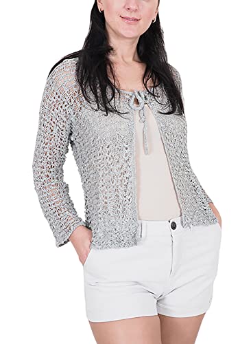 Mimosa Damen Popcorn Stil häkeln einfache elastische Netzkrawatte an der Taille Bolero Shrug Open Cardigan (One Size, Lught Grey Strickjacke) von Mimosa