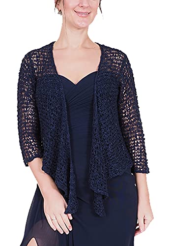 Mimosa Damen Popcorn Stil häkeln einfache elastische Netzkrawatte an der Taille Bolero Shrug Open Cardigan (One Size, Navy) von Mimosa