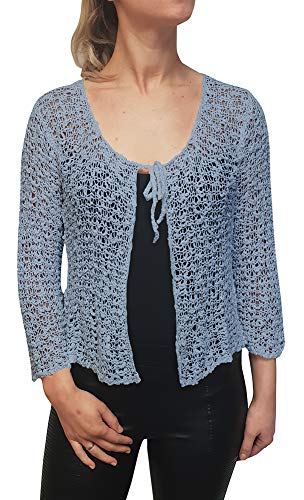 Mimosa Damen Popcorn Stil häkeln einfache elastische Netzkrawatte an der Taille Bolero Shrug Open Cardigan (One Size, Powder Blue Strickjacke) von Mimosa