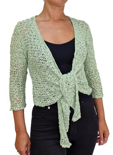 Mimosa Damen Popcorn Stil häkeln einfache elastische Netzkrawatte an der Taille Bolero Shrug Open Cardigan (One Size, Sage Green) von Mimosa