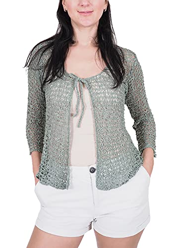 Mimosa Damen Popcorn Stil häkeln einfache elastische Netzkrawatte an der Taille Bolero Shrug Open Cardigan (One Size, Smoke Green Strickjacke) von Mimosa