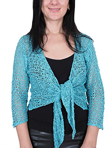 Mimosa Damen Popcorn Stil häkeln einfache elastische Netzkrawatte an der Taille Bolero Shrug Open Cardigan (One Size, Turquoise) von Mimosa