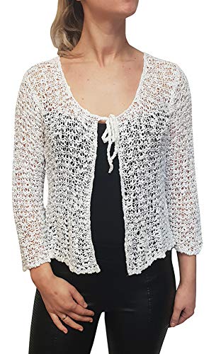 Mimosa Damen Popcorn Stil häkeln einfache elastische Netzkrawatte an der Taille Bolero Shrug Open Cardigan (One Size, White Strickjacke) von Mimosa