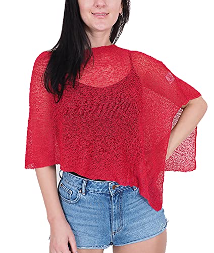 Mimosa Damen Schlichtes Stretch-Fischnetz häkeln Fledermaus Kleiner Poncho (One Size, Cherry-Red) von Mimosa