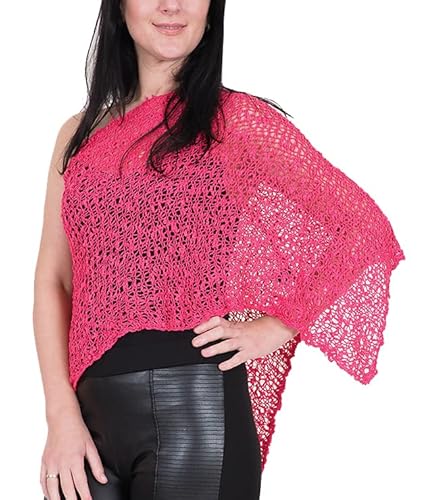 Mimosa Damen Schlichtes Stretch-Fischnetz häkeln Fledermaus Kleiner Poncho im Popcorn-Stil Stricken (One Size, Hot Pink) von Mimosa