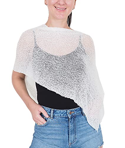 Mimosa Damen Schlichtes Stretch-Fischnetz häkeln Fledermaus kleiner Poncho im Popcorn-Stil Stricken (One Size, Ivory) von Mimosa
