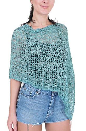 Mimosa Damen Schlichtes Stretch-Fischnetz häkeln Fledermaus Kleiner Poncho im Popcorn-Stil Stricken (One Size, Light Teal) von Mimosa