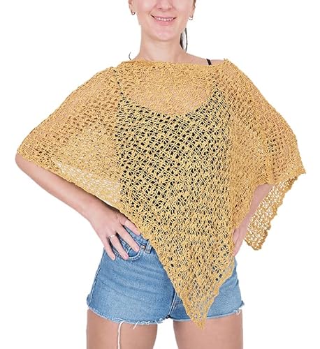 Mimosa Damen Schlichtes Stretch-Fischnetz häkeln Fledermaus kleiner Poncho im Popcorn-Stil Stricken (One Size, Mustard) von Mimosa