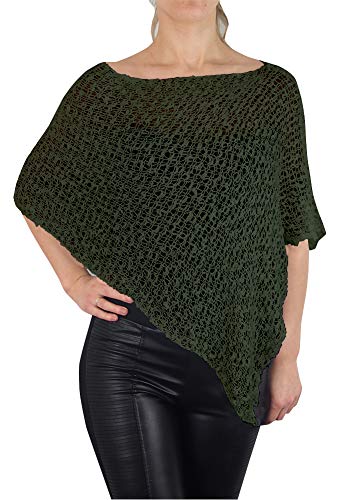 Mimosa Damen Schlichtes Stretch-Fischnetz häkeln Fledermaus Kleiner Poncho im Popcorn-Stil Stricken (One Size, Olive) von Mimosa