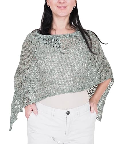 Mimosa Damen Schlichtes Stretch-Fischnetz häkeln Fledermaus Kleiner Poncho im Popcorn-Stil Stricken (One Size, Smoke Green) von Mimosa