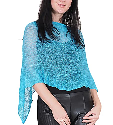 Mimosa Damen Schlichtes Stretch-Fischnetz häkeln Fledermaus Kleiner Poncho im Popcorn-Stil Stricken (One Size, Turquoise) von Mimosa