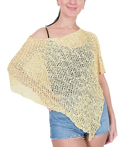 Mimosa Damen Schlichtes Stretch-Fischnetz häkeln Fledermaus Kleiner Poncho im Popcorn-Stil Stricken (One Size, Vanilla) von Mimosa