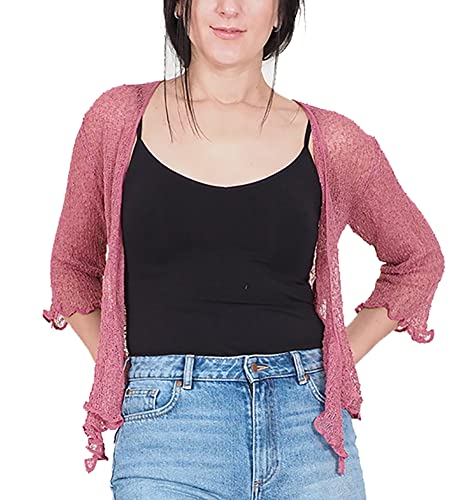 Mimosa Damen Übergröße häkeln Glitzer und einfache Stretch-Spitze Fischnetz Bali Krawatte an Taille Bolero zucken offene Strickjacke (Übergröße, Rosa) von Mimosa