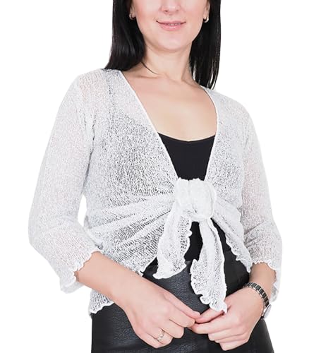 Mimosa Damen gehäkelter Bolero offener Cardigan Glitzer oder einfarbige super Dehnbare Spitzen-Fischnetz-Strickjacke Normal und Übergröße von Mimosa